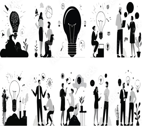 Black and white illustrations of people brainstorming and generating innovative ideas with lightbulbs