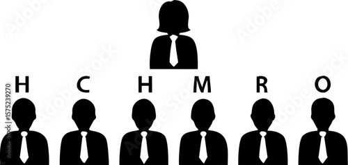 Hierarchical structure showing a female boss above six male employees in black and white design