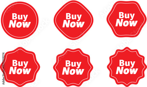 Set of red Buy Now vector call-to-action buttons, stickers, and labels for e-commerce.