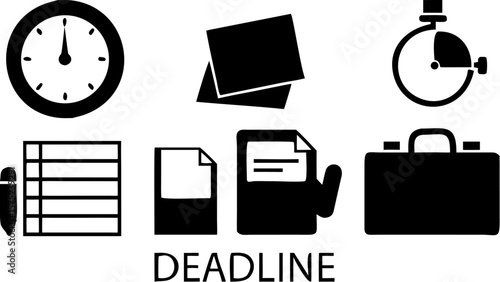 Illustration depicting work related objects and the word deadline in bold letters