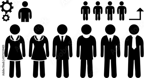 Illustration of business people icons and gears representing teamwork and career growth concept