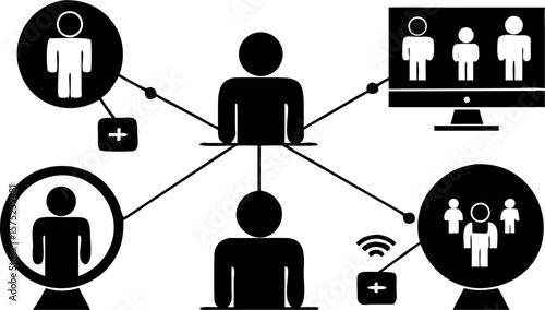 Illustration of a central figure connected to various communication channels and remote participants