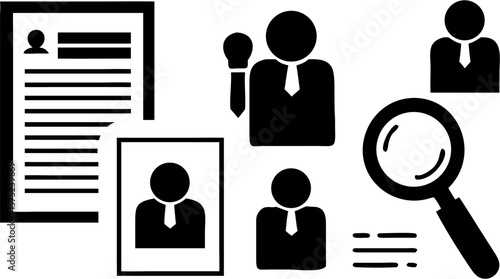 Illustration showcasing job application review with resumes and magnifying glass icons in black and white