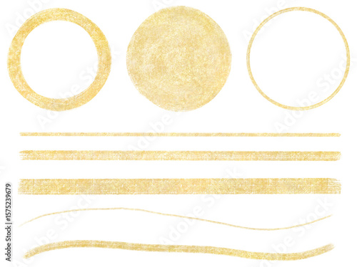 明るい金色の円・フレームとラインのあしらいセット