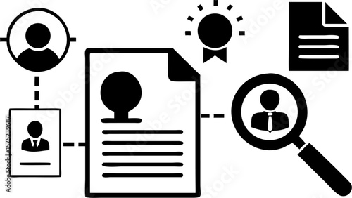 Illustration showing job search process with resume, magnifying glass, and candidate selection icons