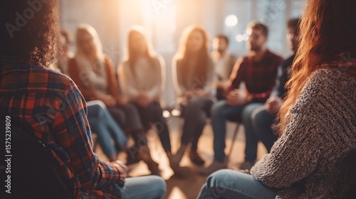 Support group participants gather in a circle during a therapy session with sunlight streaming through a window, creating a sense of hope.