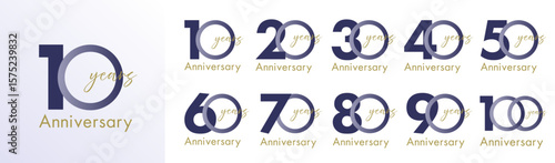 シンプルなgold/金のアニバーサリーロゴセット(10周年 20周年 30周年 40周年 50周年 60周年 70周年 80周年 90周年 100周年 お祝い 周年記念 イベント 設立記念 anniversary celebration logo ベクター 編集可能)