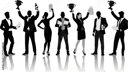 Silhouette of business team celebrating success with trophies and documents in their hands on white background