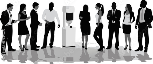 Silhouette of business people standing in a row with a water cooler in the center in monochrome style