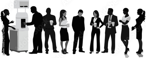 Silhouette of office workers standing in a line near a coffee machine in a break room setting scene