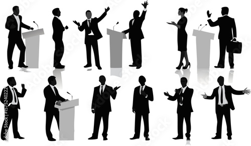 Silhouette of people in suits giving speeches and presentations at podiums and gesturing widely