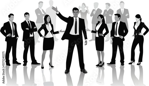 Group of business people in suits standing together with a leader in the foreground presentating