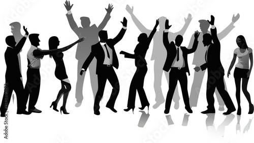 Silhouette of group celebrating success with raised arms in black and white illustration style