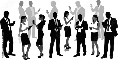 Silhouetted business people using mobile devices in a modern office environment setting with shadows