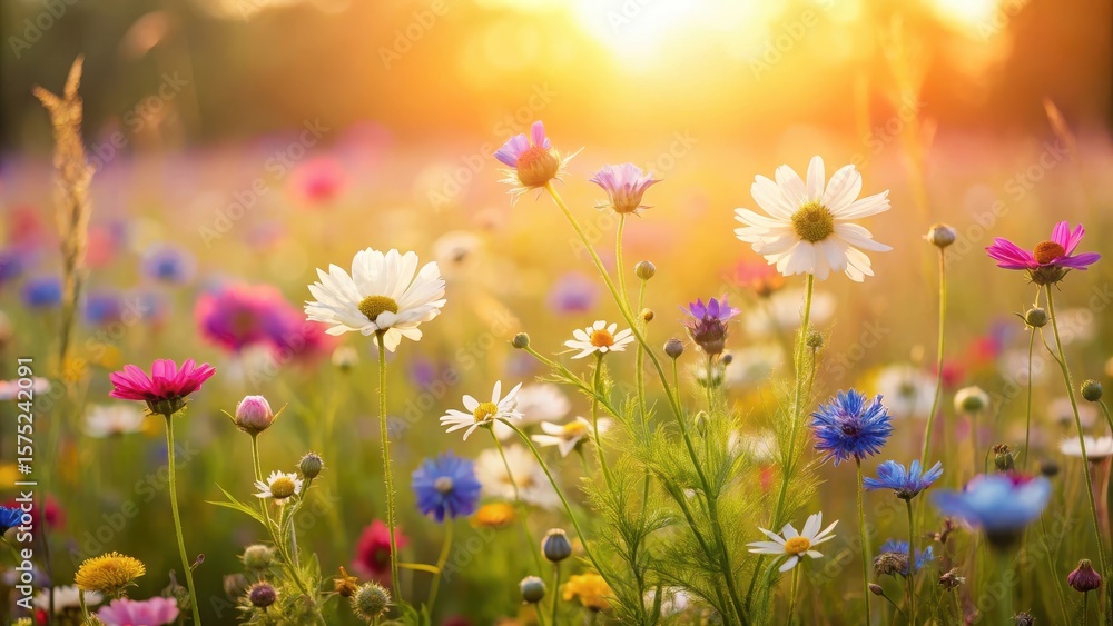 Fototapeta premium Delicate Wildflowers Bloom in a Rustic Field, field, flora, field, flora, vibrant, meadow, botanical, landscape, rustic