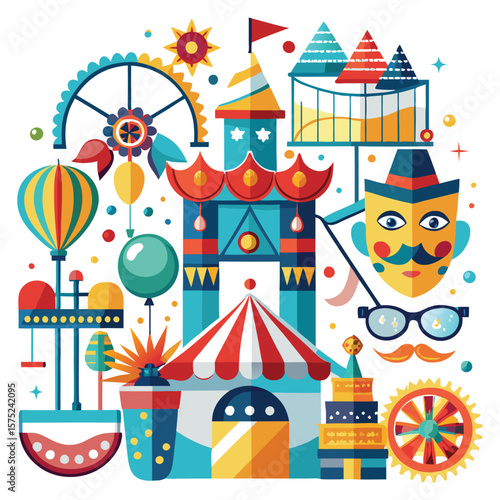Colorful carnival funfair with amusement park rides, games and attractions