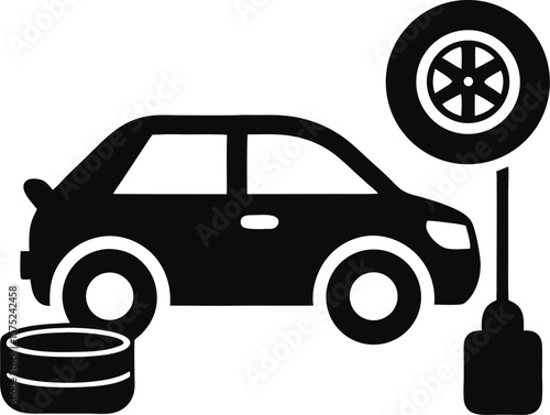 Person changing car tire icon, black silhouette, crouching with wrench, minimal mechanical clipart