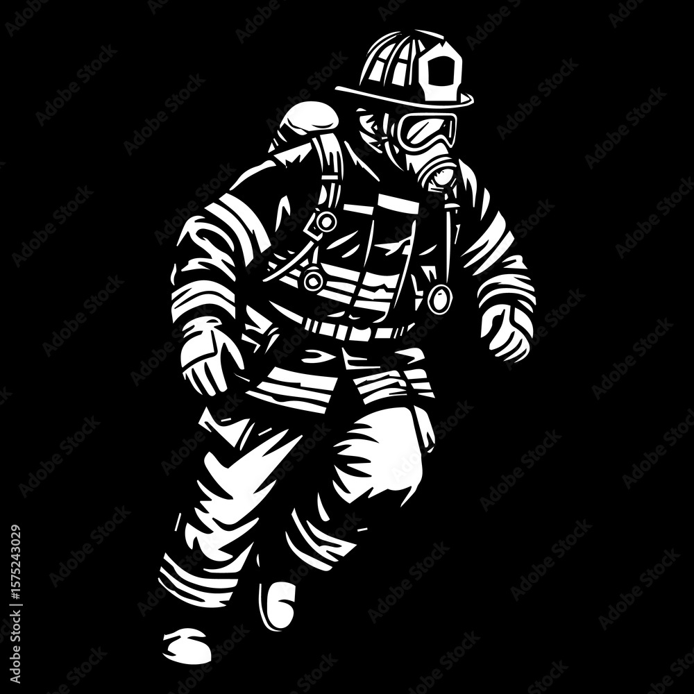 Brave Firefighter in Action Black and White Illustration of a First Responder Brave Firefighter in Action Black and White Illustration of a First Responder