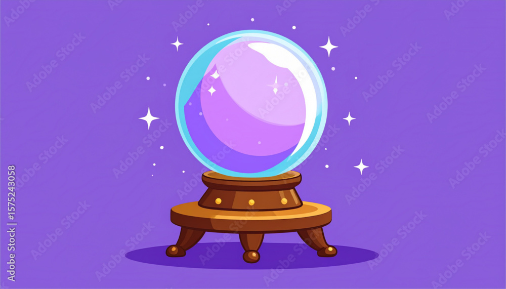 Naklejka premium A vibrant crystal ball rests on a wooden stand against a purple background, suggesting fortune-telling.