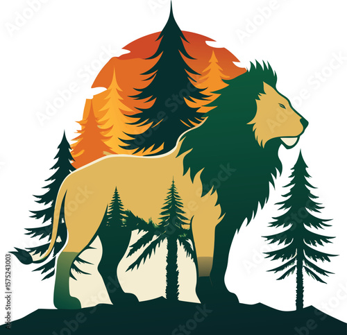 Artistic Double Exposure Lion Silhouette with Forest Overlay