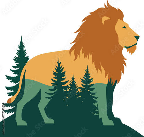 Artistic Double Exposure Lion Silhouette with Forest Overlay