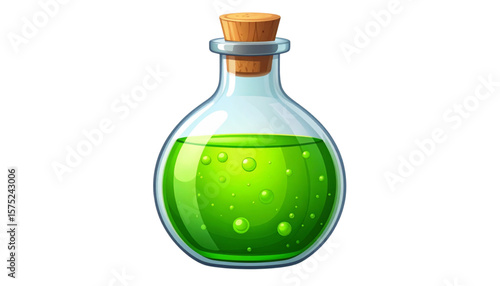 A cartoon illustration of a glass bottle filled with green liquid.