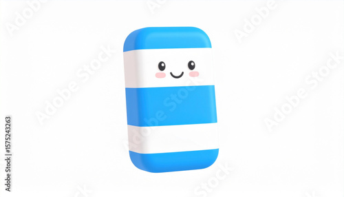 A cartoon eraser with a happy face and blue and white stripes.