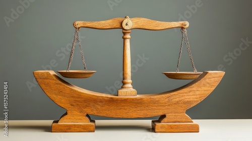 Wooden balance scale on table, grey background.