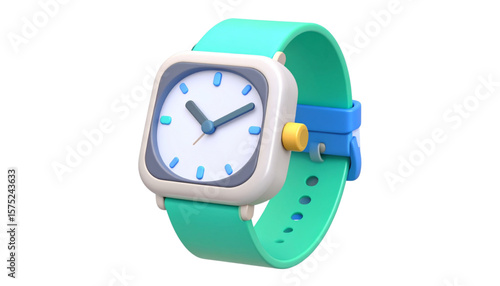 Stylish teal and white square wristwatch with a playful design.