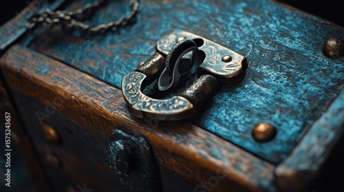 Close-up of antique wooden box with intricate metal lock and chain.