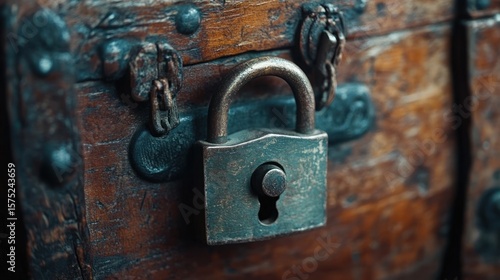 Close-up of antique padlock securing aged wooden chest.