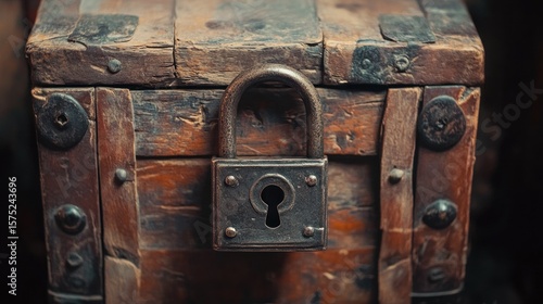 Old wooden chest secured with a vintage padlock.