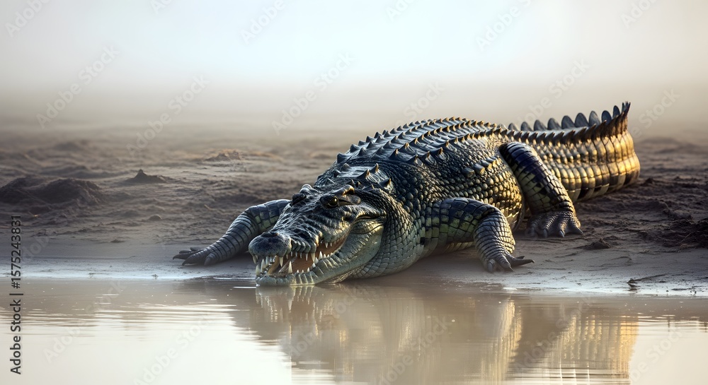 Fototapeta premium Large Crocodile Reclining Near Water on Sandy Shore in Foggy Landscape
