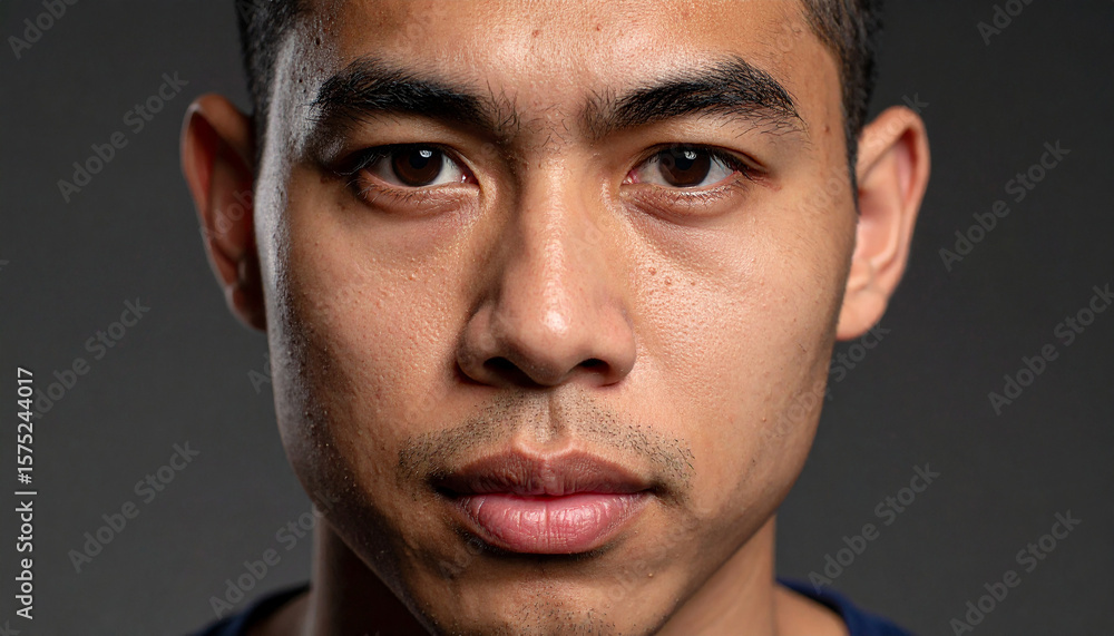 Obraz premium Close-up of a headshot of a man frowning against a dark background.