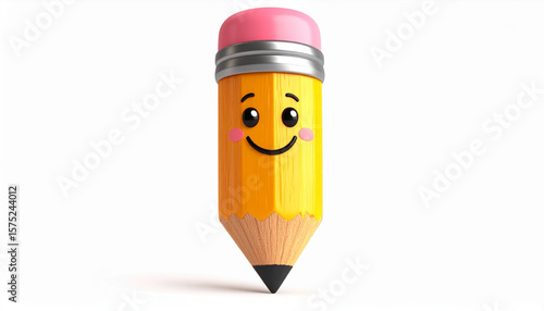 A cheerful, smiling cartoon pencil with a pink eraser, ready for writing.