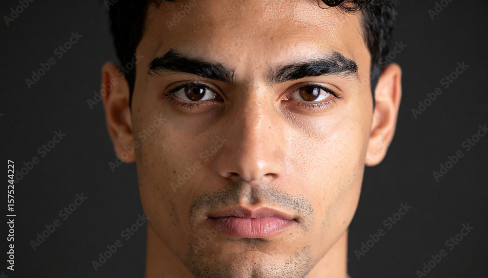 Obraz premium Close-up of a headshot of a man frowning against a dark background.