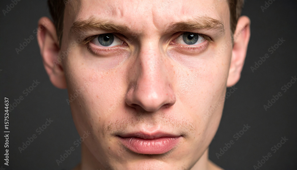 Obraz premium Close-up of a headshot of a man frowning against a dark background.