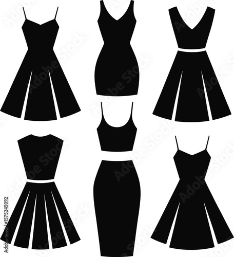 Six Black Dress Silhouettes Fashion Design Collection Various Styles Sleeveless Strapless A