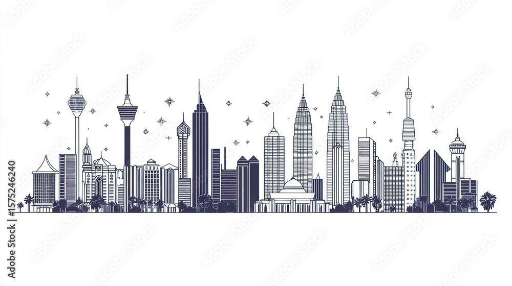 Naklejka premium City skyline silhouette with tall buildings and towers, outlined in dark blue, against white
