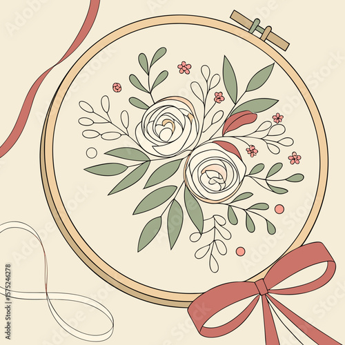 
a embroidery hoop with a bow and flowers