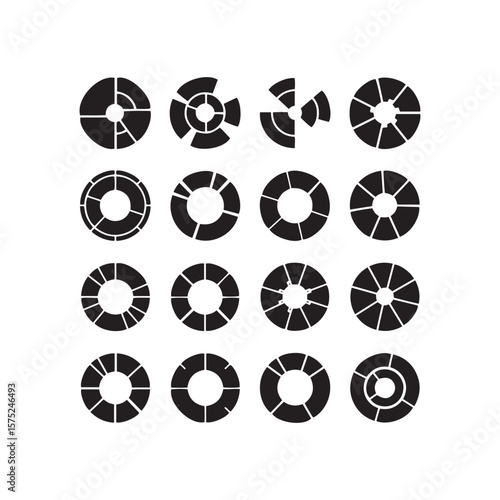Collection of diverse circular segmented data visualization elements
