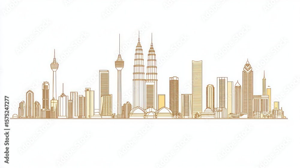 Naklejka premium Skyline silhouette of modern city buildings rendered in golden, elegant lines