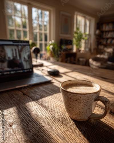 Close-up of a laptop screen showing a virtual session between a psychologist and a young man in headphones, coffee mug in foreground, cozy home office vibe.