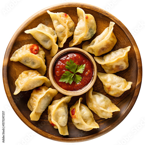 Dumpling momos with sauce in a wooden plate top view isolated on transparent white background, clipping path