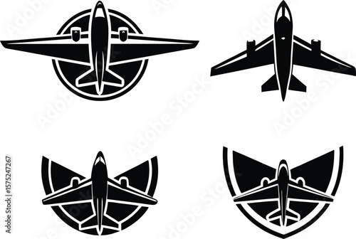 Four airplane icons in a clean black silhouette style