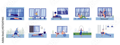 Sports and cardio activities. Fitness illustrations set. Flat vector illustration concept. 