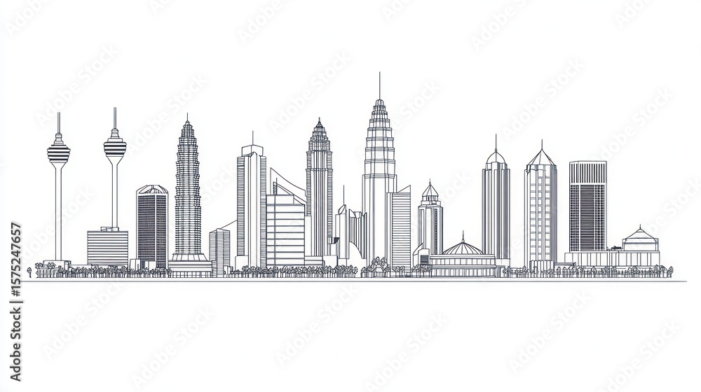 Naklejka premium Skyline sketch of city buildings and structures, thin-lined black & white style