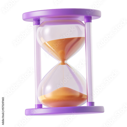 purple hourglass with sand 3d render icon in cartoon plastic style minimal isolated on transparent white background, clipping path