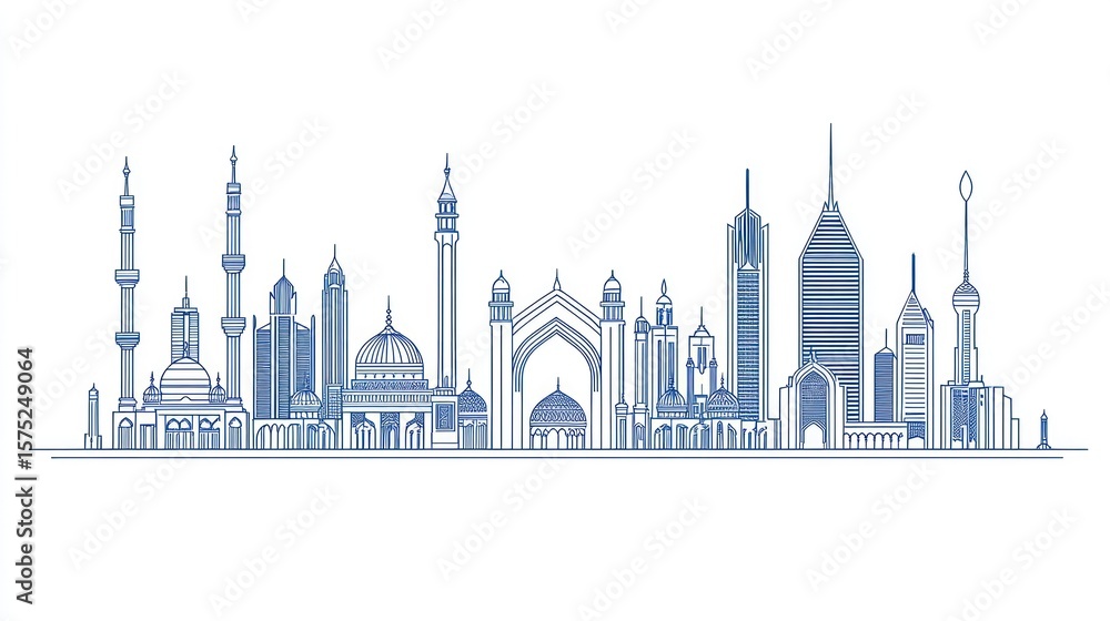 Fototapeta premium Outline drawing of a city skyline with mosques and modern skyscrapers