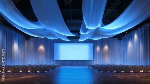 Elegant Assembly: A stunning, empty presentation hall featuring graceful fabric draping and a prominent screen, designed for corporate events and grand presentations. 